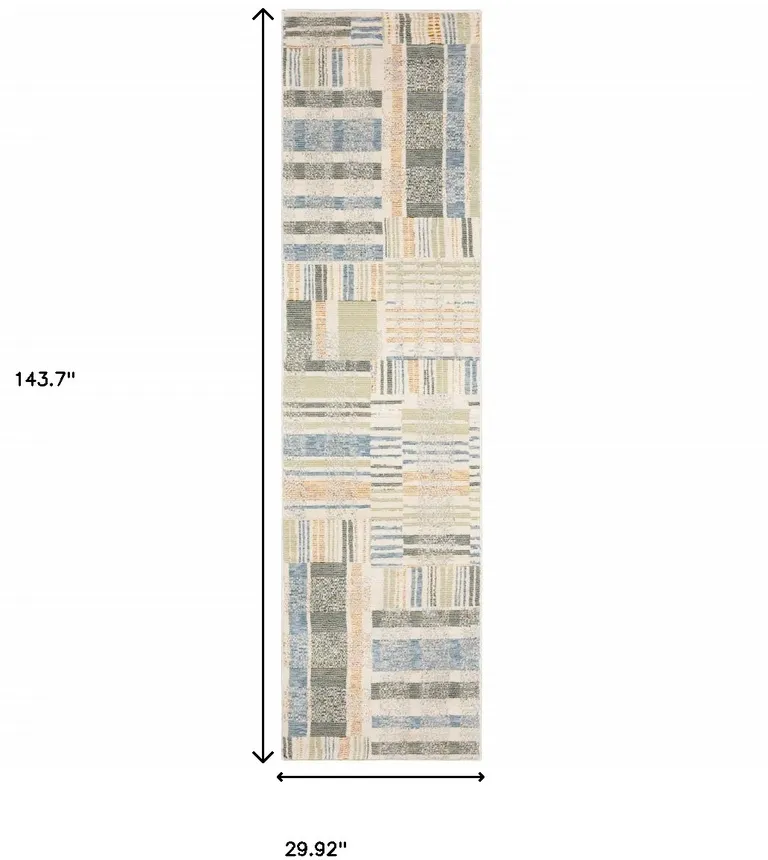 Green Grey And Ivory Geometric Power Loom Stain Resistant Runner Rug Photo 5