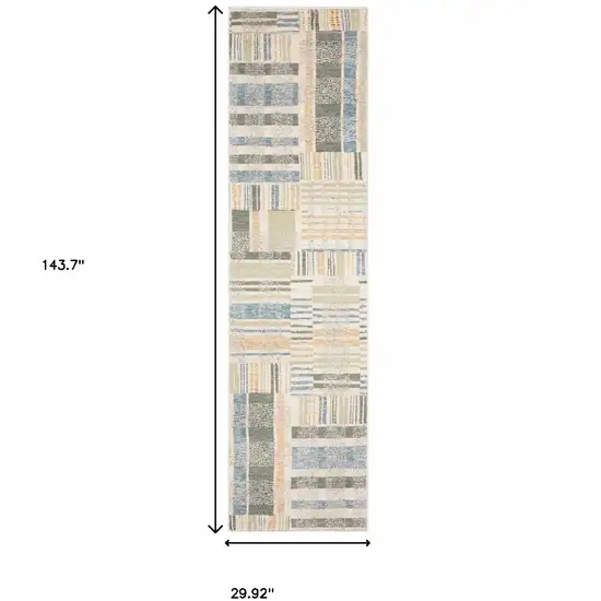 Green Grey And Ivory Geometric Power Loom Stain Resistant Runner Rug Photo 5