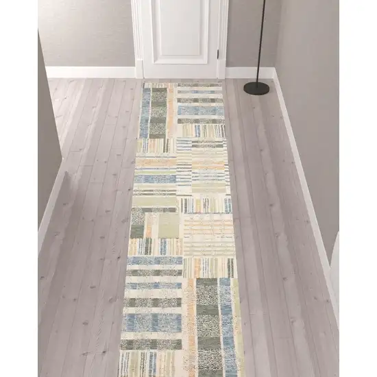 Green Grey And Ivory Geometric Power Loom Stain Resistant Runner Rug Photo 2