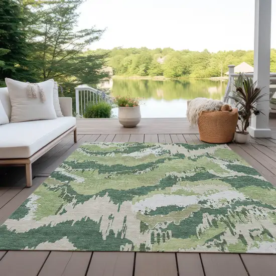 Green Ivory And Beige Abstract Washable Indoor Outdoor Area Rug Photo 8