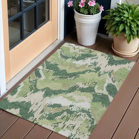 Green Ivory And Beige Abstract Washable Indoor Outdoor Area Rug Photo 1