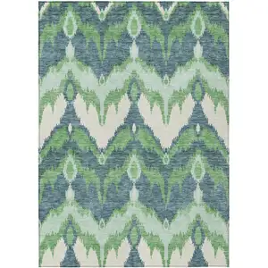 Photo of Green Ivory And Blue Ikat Washable Indoor Outdoor Area Rug