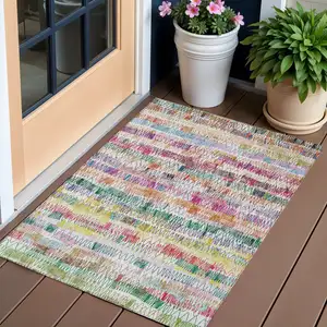 Photo of Green Ivory And Purple Striped Washable Indoor Outdoor Area Rug