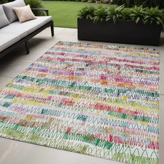 Green Ivory And Purple Striped Washable Indoor Outdoor Area Rug Photo 1