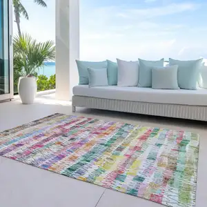 Photo of Green Ivory And Purple Striped Washable Indoor Outdoor Area Rug