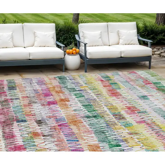 Green Ivory And Purple Striped Washable Indoor Outdoor Area Rug Photo 1