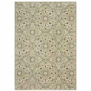 Photo of Green Ivory Grey And Tan Floral Power Loom Stain Resistant Area Rug