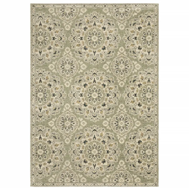 Green Ivory Grey And Tan Floral Power Loom Stain Resistant Area Rug Photo 1