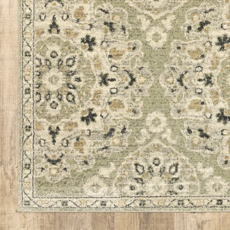 Green Ivory Grey And Tan Floral Power Loom Stain Resistant Area Rug Photo 4