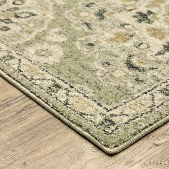 Green Ivory Grey And Tan Floral Power Loom Stain Resistant Runner Rug Photo 5