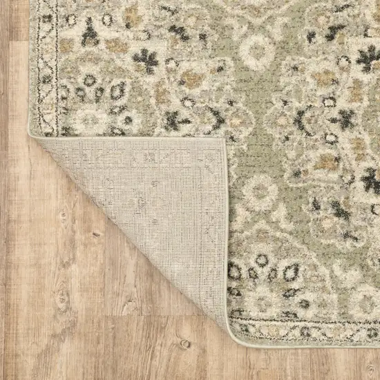 Green Ivory Grey And Tan Floral Power Loom Stain Resistant Runner Rug Photo 7