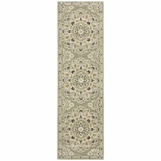 Green Ivory Grey And Tan Floral Power Loom Stain Resistant Runner Rug Photo 2