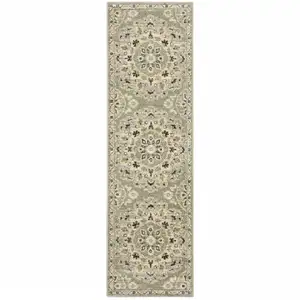 Photo of Green Ivory Grey And Tan Floral Power Loom Stain Resistant Runner Rug