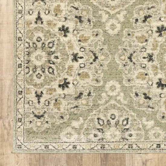 Green Ivory Grey And Tan Floral Power Loom Stain Resistant Runner Rug Photo 4