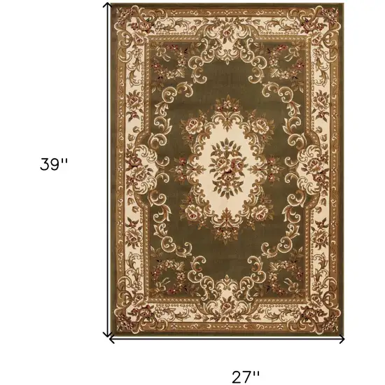 2'X3' Green Ivory Machine Woven Hand Carved Floral Medallion Indoor Accent Rug Photo 7