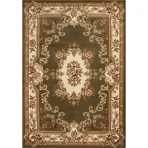 Photo of Green Ivory Machine Woven Hand Carved Floral Medallion Indoor Accent Rug