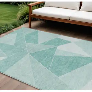 Photo of Green Mint Green And Aqua Geometric Washable Indoor Outdoor Area Rug