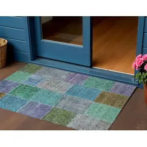 Photo of Green Navy Blue And Gray Patchwork Washable Indoor Outdoor Area Rug