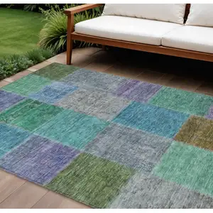 Photo of Green Navy Blue And Gray Patchwork Washable Indoor Outdoor Area Rug