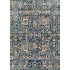 Photo of Green Navy Blue And Ivory Oriental Washable Indoor Outdoor Area Rug