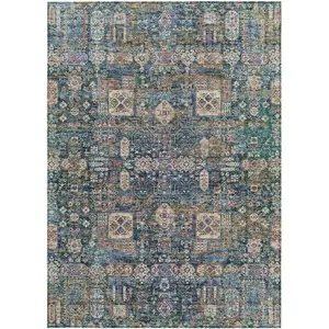 Photo of Green Navy Blue And Ivory Oriental Washable Indoor Outdoor Area Rug