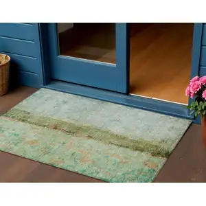 Photo of Green Olive Green And Blue Abstract Washable Indoor Outdoor Area Rug