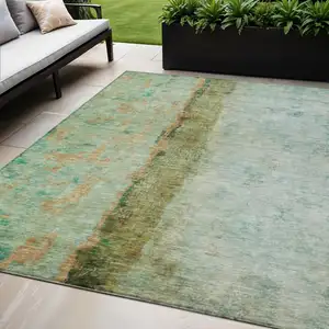 Photo of Green Olive Green And Blue Abstract Washable Indoor Outdoor Area Rug