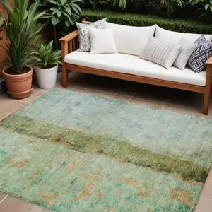 Photo of Green Olive Green And Blue Abstract Washable Indoor Outdoor Area Rug