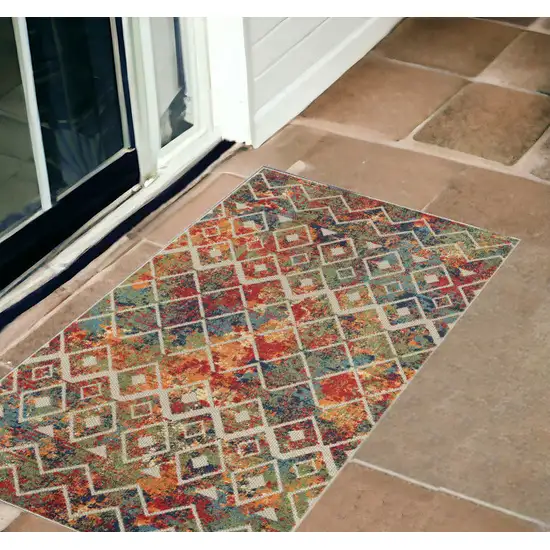 Green Orange and Red Geometric Stain Resistant Indoor Outdoor Area Rug Photo 1