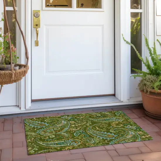 Green Paisley Washable Non Skid Indoor Outdoor Area Rug Photo 9