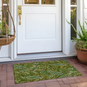 Photo of Green Paisley Washable Non Skid Indoor Outdoor Area Rug