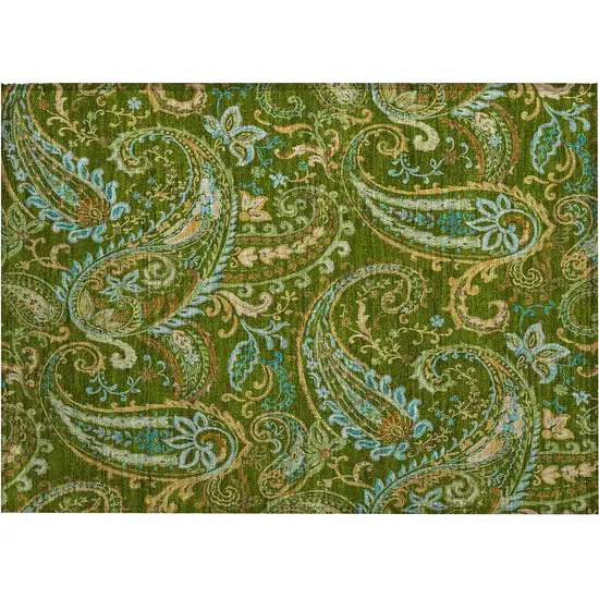 Green Paisley Washable Non Skid Indoor Outdoor Area Rug Photo 2