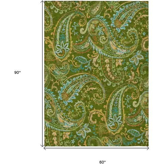 Green Paisley Washable Non Skid Indoor Outdoor Area Rug Photo 3