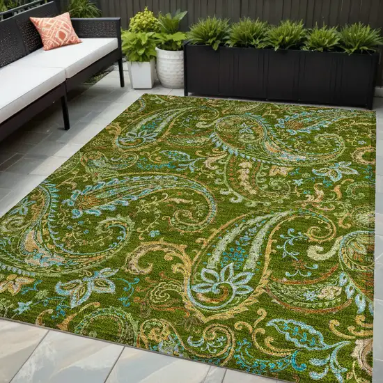 Green Paisley Washable Non Skid Indoor Outdoor Area Rug Photo 1