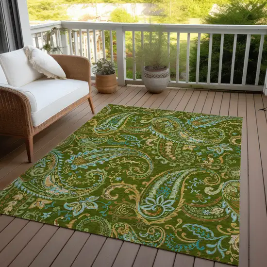 Green Paisley Washable Non Skid Indoor Outdoor Area Rug Photo 9