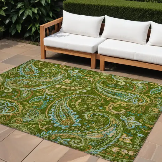 Green Paisley Washable Non Skid Indoor Outdoor Area Rug Photo 1