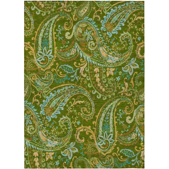 Green Paisley Washable Non Skid Indoor Outdoor Area Rug Photo 2