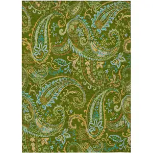 Photo of Green Paisley Washable Non Skid Indoor Outdoor Area Rug