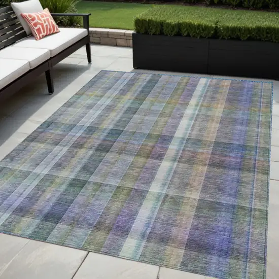 Blue Gray and Green Plaid Washable Non Skid Indoor Outdoor Area Rug Photo 1