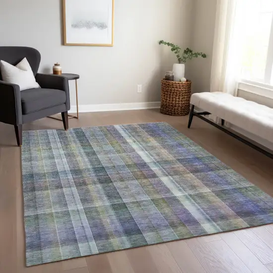 Blue Gray and Green Plaid Washable Non Skid Indoor Outdoor Area Rug Photo 8