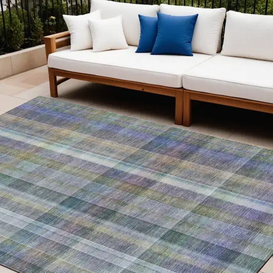 Blue Gray and Green Plaid Washable Non Skid Indoor Outdoor Area Rug Photo 1