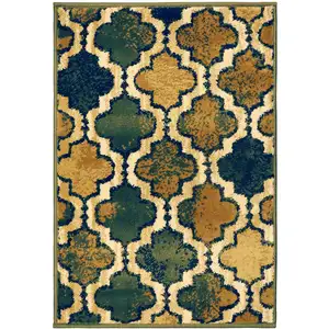 Photo of Green Quatrefoil Power Loom Distressed Stain Resistant Area Rug