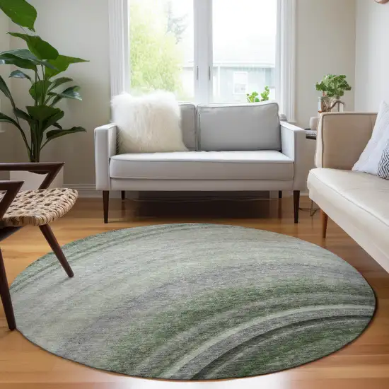 Green Round Abstract Washable Non Skid Indoor Outdoor Area Rug Photo 6