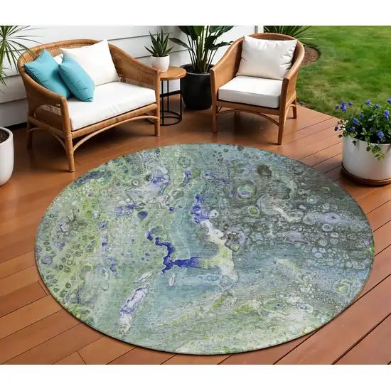 Green Round Abstract Washable Non Skid Indoor Outdoor Area Rug Photo 1