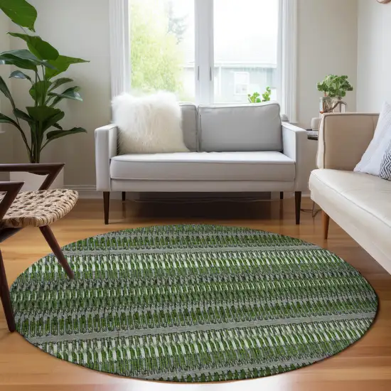 8' Green And Ivory Round Striped Washable Indoor Outdoor Area Rug Photo 6