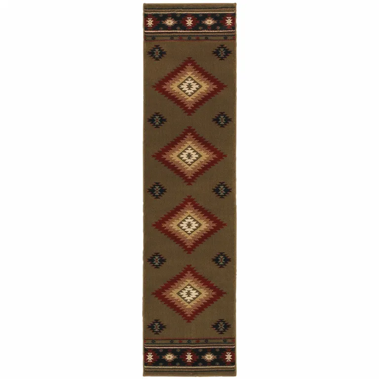 Green Southwestern Power Loom Stain Resistant Runner Rug Photo 1