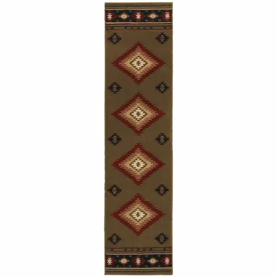 Green Southwestern Power Loom Stain Resistant Runner Rug Photo 1