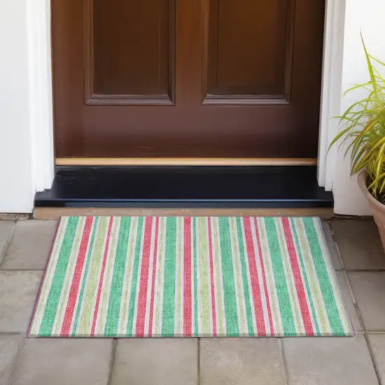 Green Striped Washable Non Skid Indoor Outdoor Area Rug Photo 8