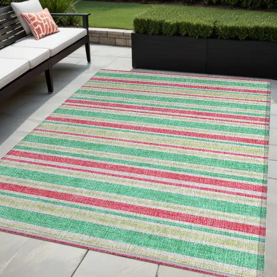 Green Striped Washable Non Skid Indoor Outdoor Area Rug Photo 1