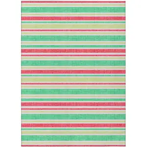 Photo of Green Striped Washable Non Skid Indoor Outdoor Area Rug